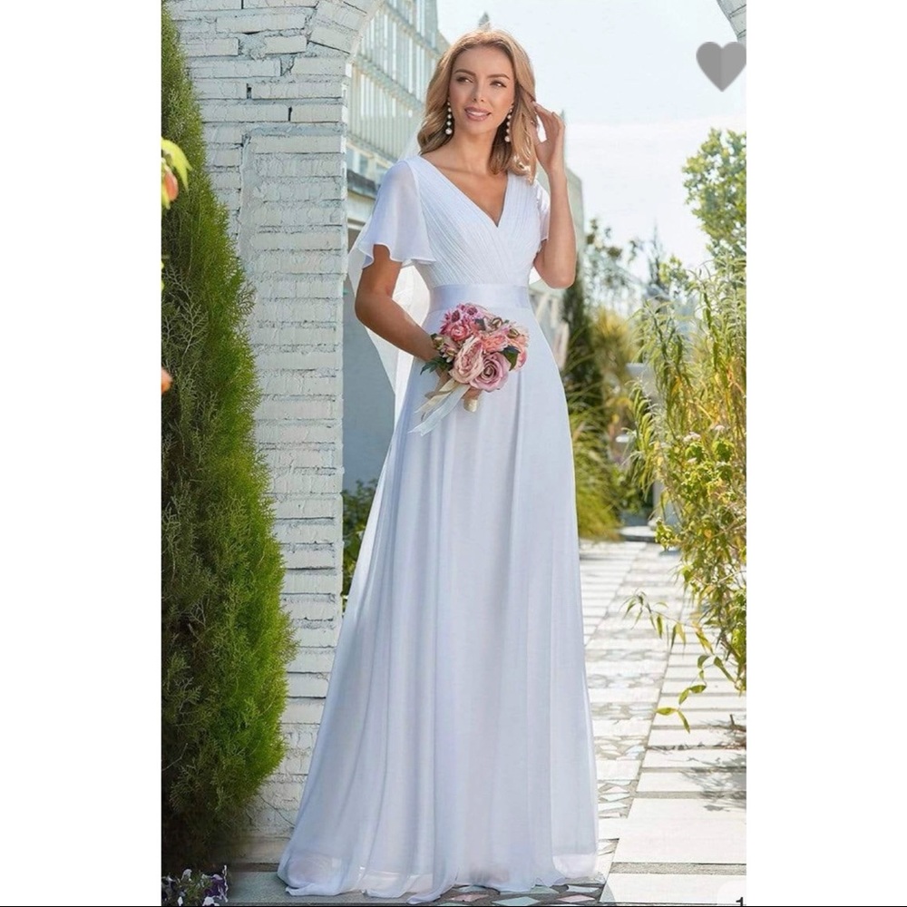 White Maxi Chiffon Beach Wedding Dress with Satin Belt- Size 8- Ever Pretty